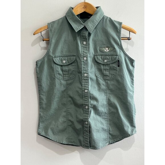Mickey Unlimited Button Up Sleeveless Shirt Womens M Green Embroidered 90s - Picture 1 of 6